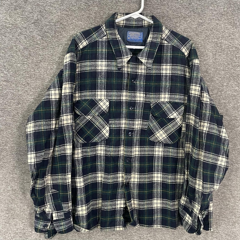 Vintage 70s Pendleton Board Shirt Plaid Wool Loop Collar Magnum 2XL Long